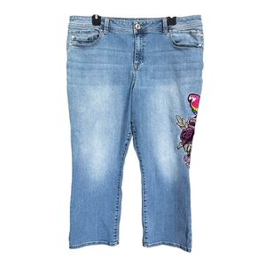 INC Denim Parrot Floral Embroidery Stretch Reg Fit Skinny Leg Crop Jeans SZ 16